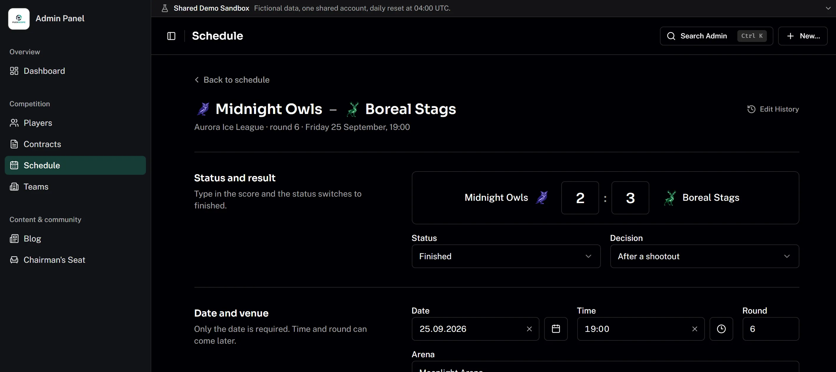 Puckscope admin panel editing a match: Midnight Owls 2, Boreal Stags 3, finished after a shootout, with a note that typing in the score marks the game finished.