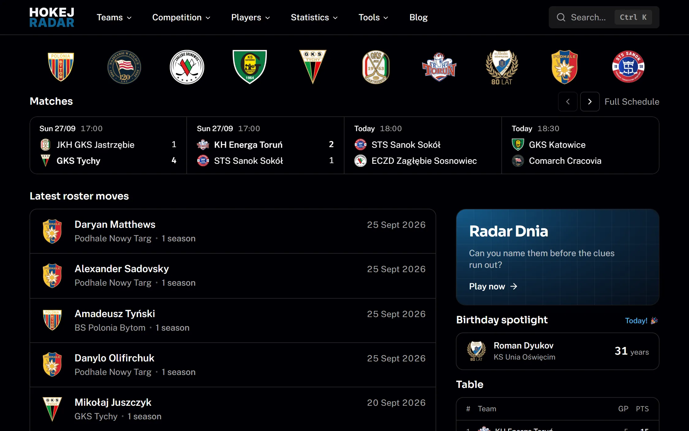 Hokej Radar home page in English with team crests, recent and upcoming games, latest roster moves and the league table.